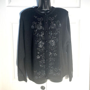 Vintage 90s Victoria Jones Cardigan Women Medium Black Knit Beaded Sweater Top